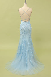 Gaine Bleu Ciel Bretelles Crisscross Fishtail Dentelle Tulle Robe De Soirée De Bal