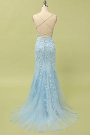 Sheath Sky Blue Strap Crisscross Fishtail Lace Tulle Evening Prom Dress