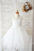 Прозрачная спина цвета слоновой кости, кружевное тюлевое свадебное платье для девочек-цветочниц