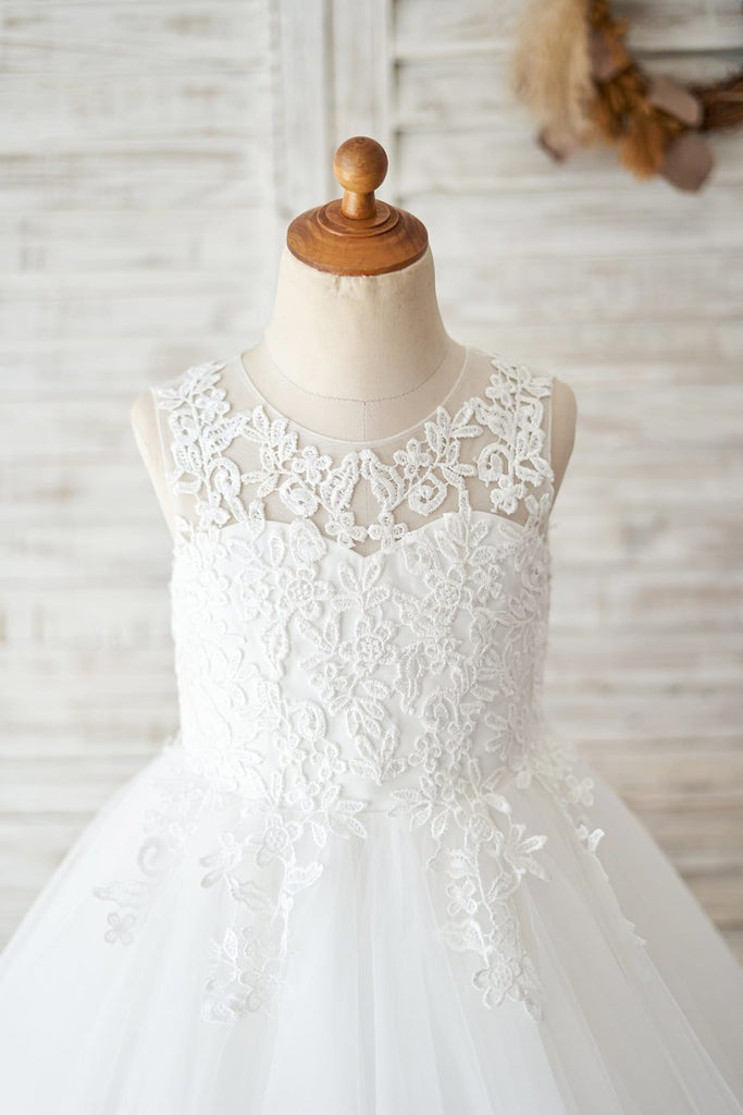 Sheer Back Ivory Lace Tulle Wedding Flower Girl Dress