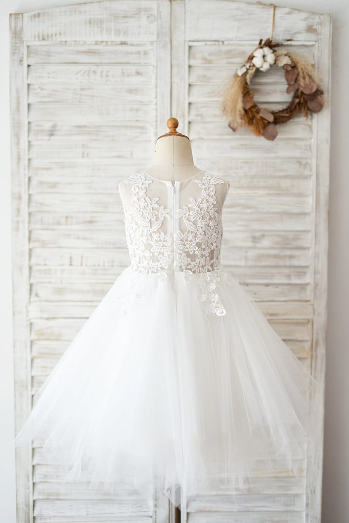 Sheer Back Ivory Lace Tulle Wedding Flower Girl Dress