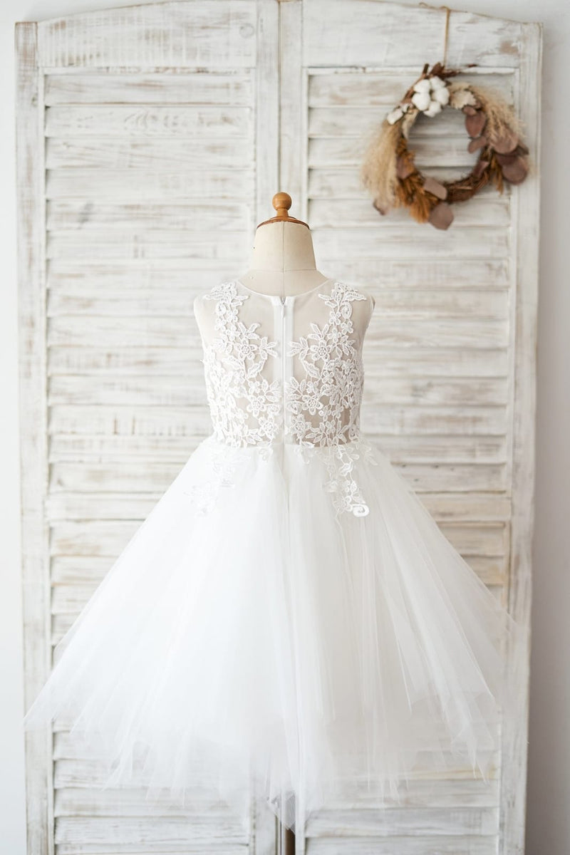 Sheer Neck Peach Pink Tulle Ivory Lace Wedding Flower Girl Dress, Sash main image 0