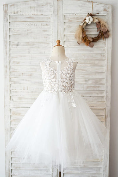 Sheer Back Ivory Lace Tulle Wedding Flower Girl Dress