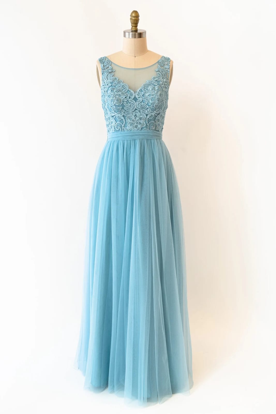 Sheer Lace Tulle Deep V Back Long Light Blue Bridesmaid Dress, Sash Sheer Lace Tulle Deep V Back Long Light Blue Bridesmaid Dress, Sash