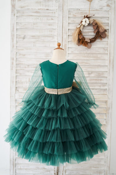 Long Sleeves Green Tulle Cupcake Wedding Flower Girl Dress 