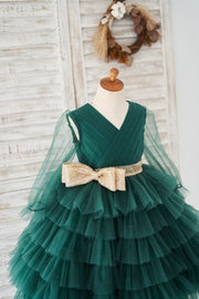 Long Sleeves Green Tulle Cupcake Wedding Flower Girl Dress 