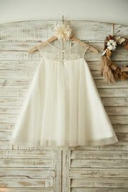 Sheer Neck Champagne Tulle Lace Wedding Flower Girl Dress 