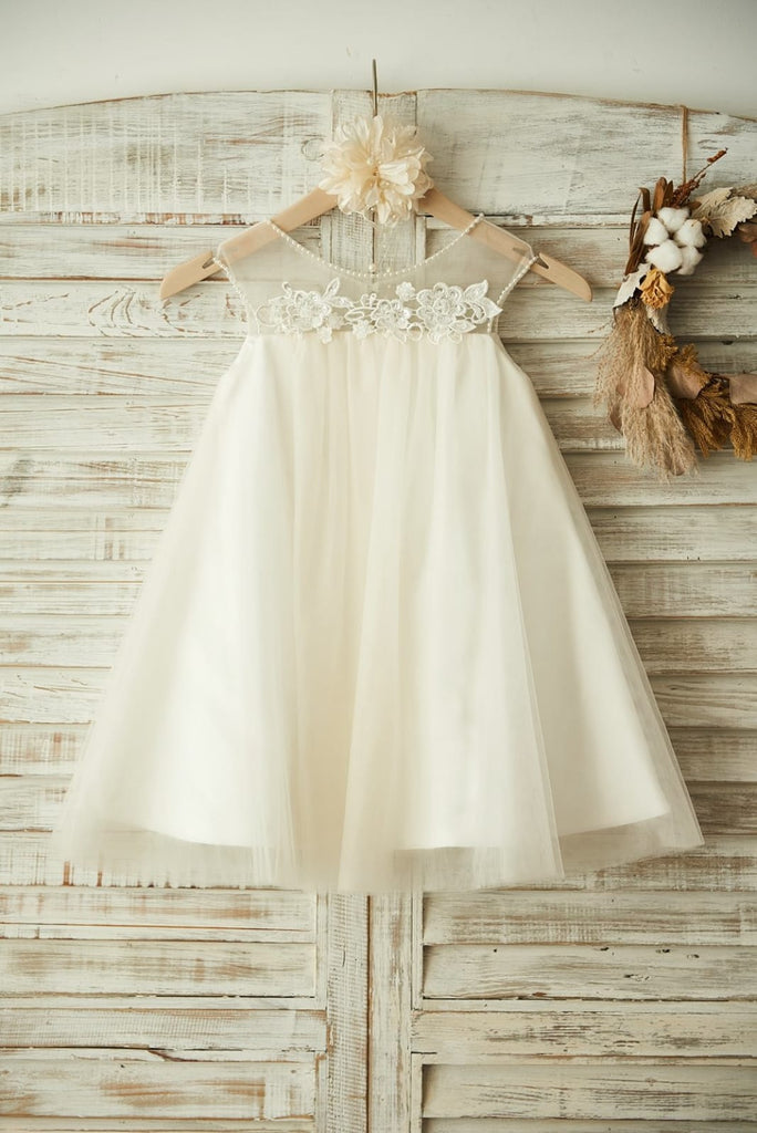 Sheer Neck Champagne Tulle Lace Wedding Flower Girl Dress 