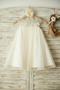 Sheer Neck Champagne Tulle Lace Wedding Flower Girl Dress, Pearls