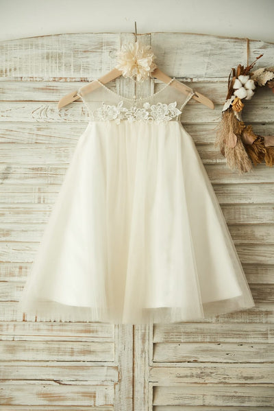 Sheer Neck Champagne Tulle Lace Wedding Flower Girl Dress 