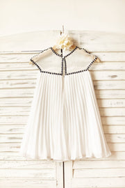 Sheer Neck Gray Beaded Ivory Chiffon Flower Girl Dress