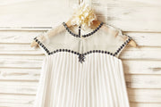 Sheer Neck Gray Beaded Ivory Chiffon Flower Girl Dress