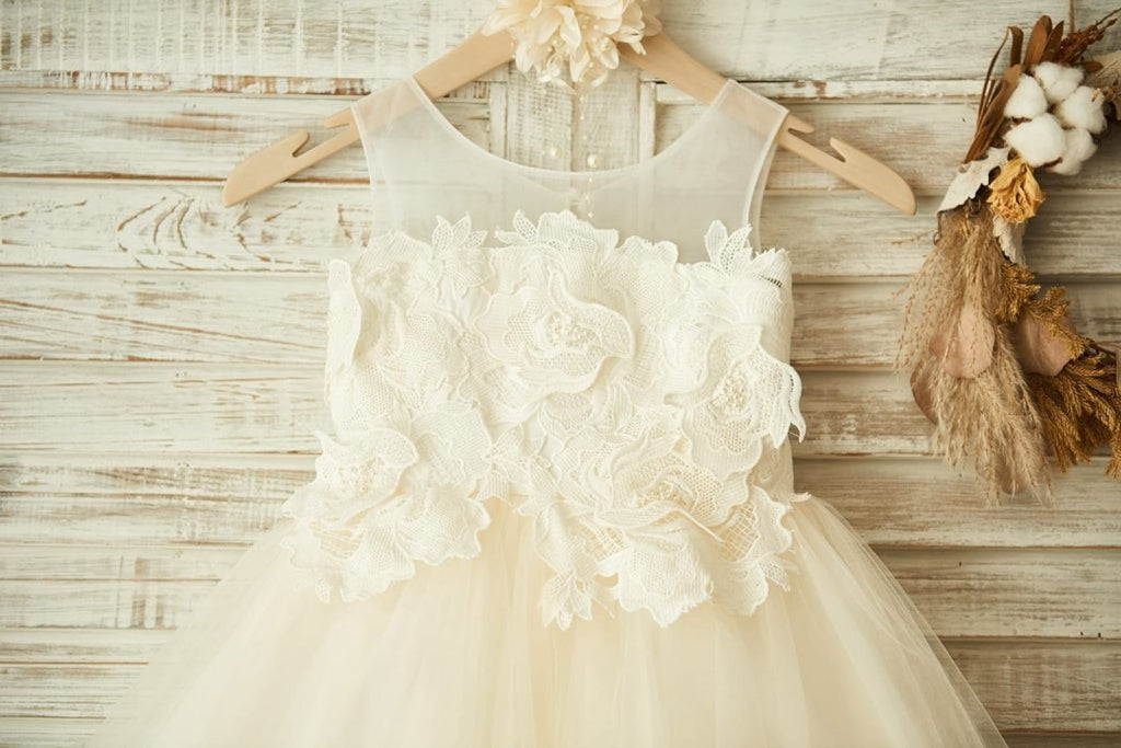 Sheer Neck Peach Pink Tulle Ivory Lace Wedding Flower Girl Dress