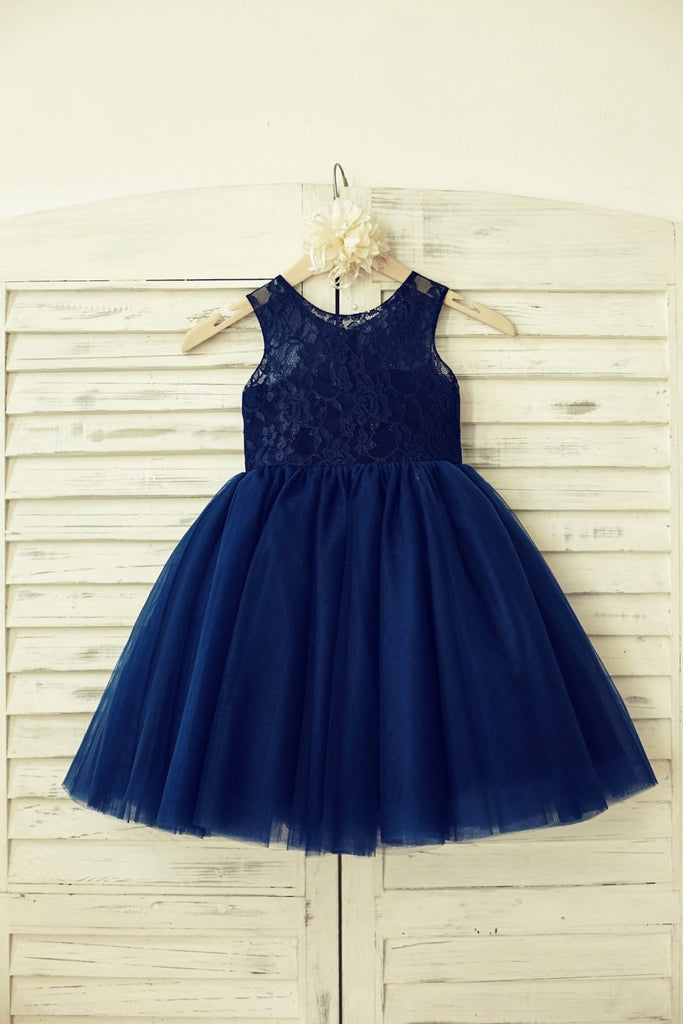 Sheer Neck Navy Blue Lace Tulle Flower Girl Dress - 2T / 