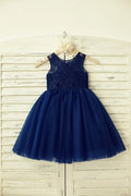 Sheer Neck Navy Blue/Blush/Champagne Lace Tulle Flower Girl Dress