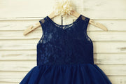 Sheer Neck Navy Blue Lace Tulle Flower Girl Dress