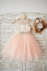 Vestido de noiva decote translúcido pêssego rosa tule renda marfim, faixa - 2T