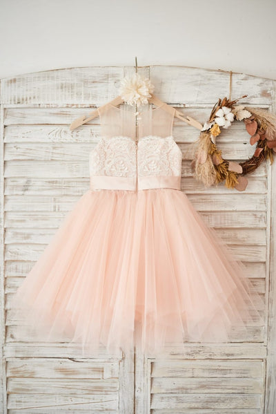 Sheer Neck Peach Pink Tulle Ivory Lace Wedding Flower Girl 