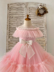 Princess Sheer Neck Pink Ruffle Tulle Wedding Flower Girl 