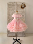 Decote translúcido babados rosa tule vestido de casamento florista festa infantil, laço brilhante