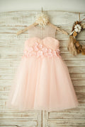 Vestido de niña de las flores de boda de tul rosa con cuello transparente, Cuentas / Flor 3D
