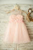 Sheer Neck Pink Tulle Wedding Flower Girl Dress, Beading / 3D Flower - 2T