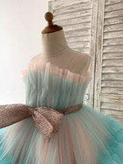Princess Sheer Neck Pink / Blue Tulle Wedding Flower Girl 