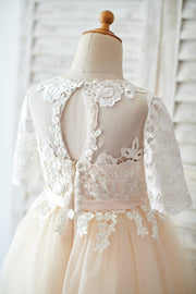 Princess Short Elbow Sleeves Ivory Lace Champagne Tulle 