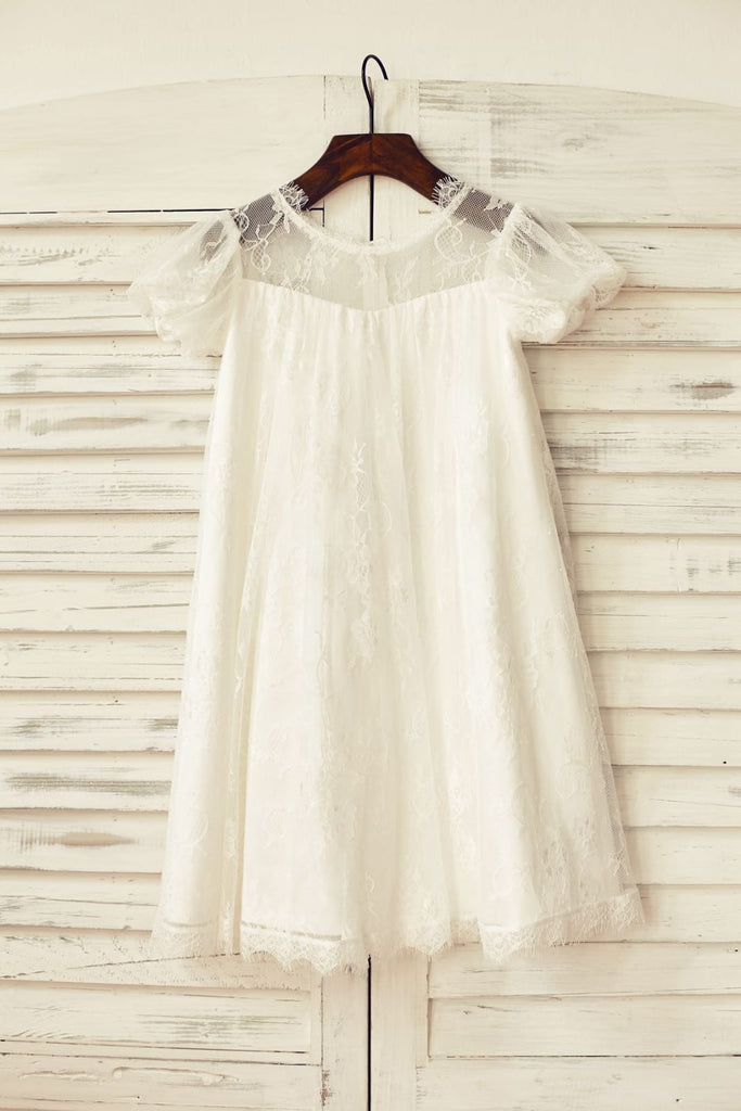 Short Puffy Sleeve Ivory Eyelash Lace Flower Girl Dress