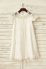 Vestido de mangas curtas bufantes cílios marfim renda flor - 2T