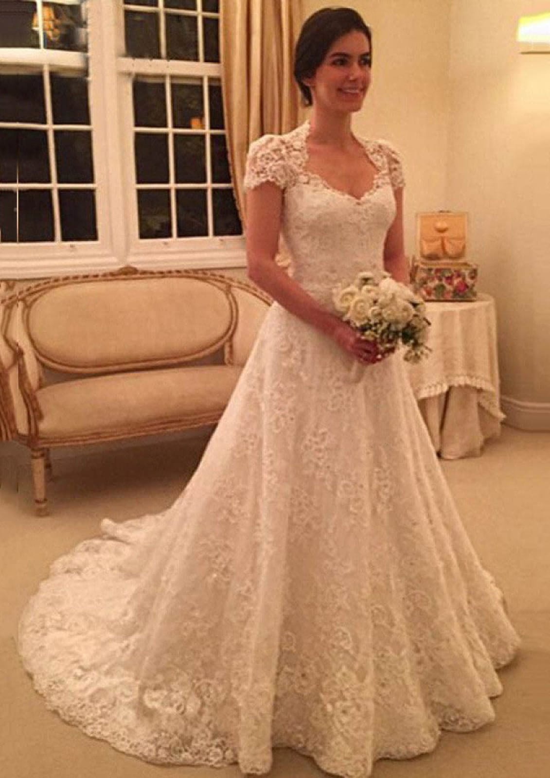 Short Sleeve Button Back A-line Lace Court Wedding Dress, Beaded Short Sleeve Button Back A-line Lace Court Wedding Dress, Beaded