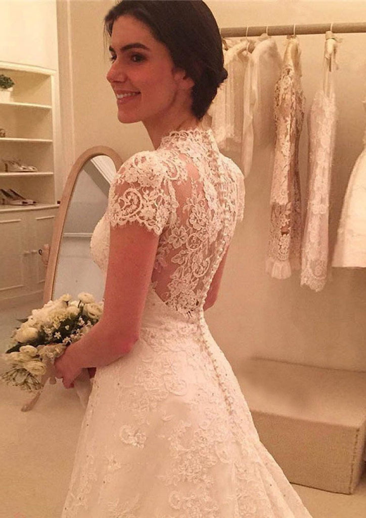 Short Sleeve Button Back A-line Lace Court Wedding Dress, Beaded - Princessly Short Sleeve Button Back A-line Lace Court Wedding Dress, Beaded - Princessly