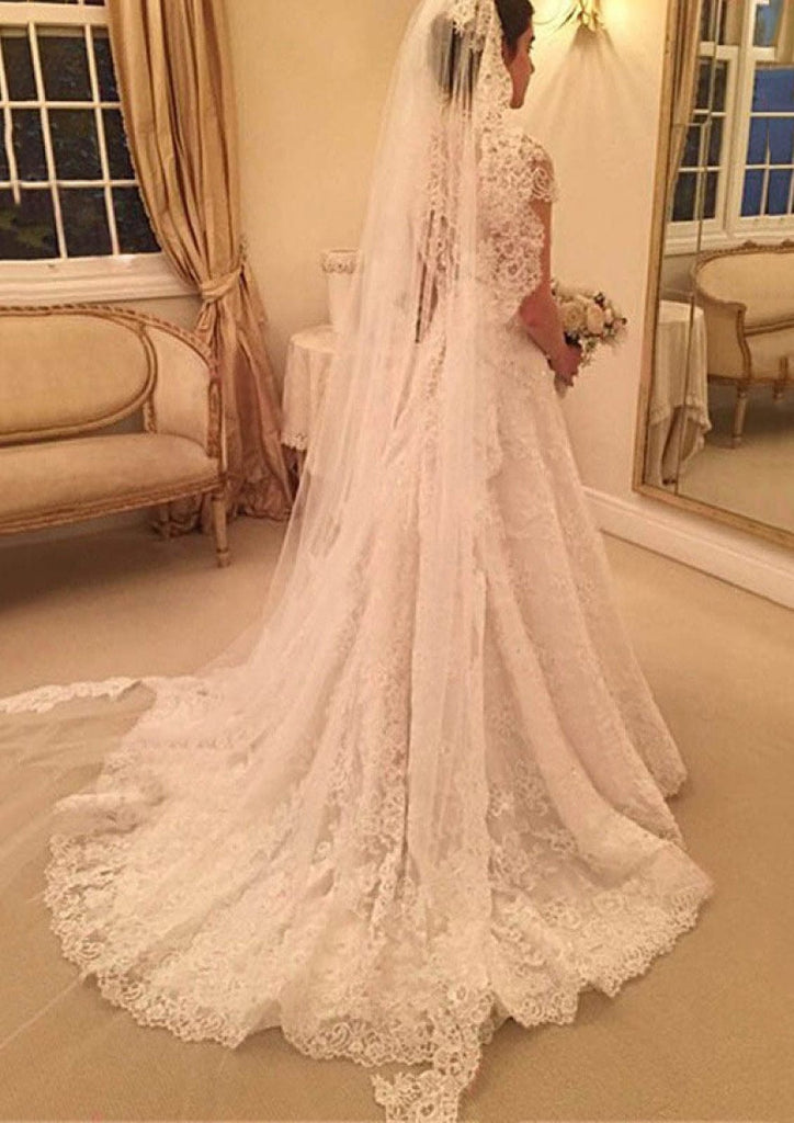 Short Sleeve Button Back A-line Lace Court Wedding Dress, Beaded Short Sleeve Button Back A-line Lace Court Wedding Dress, Beaded