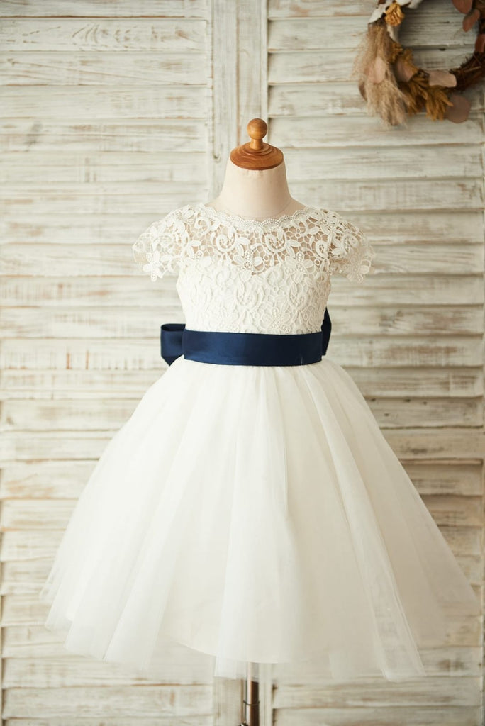 Short Sleeves V Back Lace Tulle Wedding Flower Girl Dress 