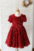 Бордовое свадебное платье с короткими рукавами и блестками для девочек, детское официальное платье