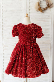 Short Sleeves Burgundy Sequin Wedding Flower Girl Dress Kids