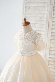 Short Sleeves Champagne Lace Tulle Wedding Flower Girl Dress