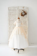 Короткие рукава шампанское кружево тюль свадебное платье с цветочным узором для девочек детское праздничное платье