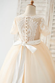 Short Sleeves Champagne Lace Tulle Wedding Flower Girl Dress