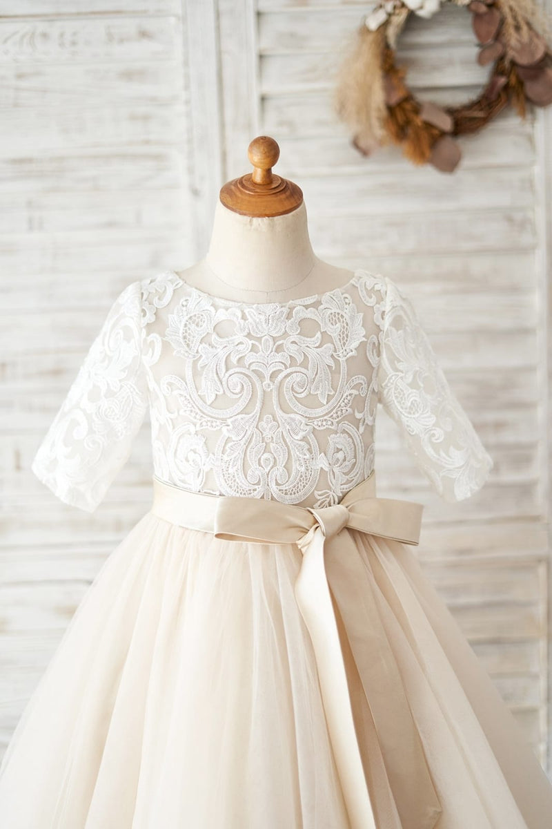 Miama Ivory Lace Flower Girl Dress - Cap Sleeves, Tulle Tea-Length Dress (Sizes 2T-10T)