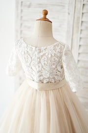 Short Sleeves Ivory Lace Tulle Wedding Flower Girl Dress 