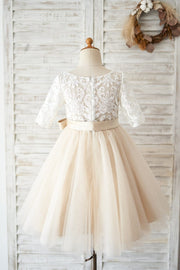 Short Sleeves Ivory Lace Tulle Wedding Flower Girl Dress 