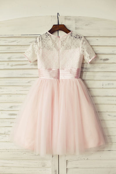 Short Sleeves Pink Lace Tulle Flower Girl Dress