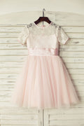 Розовое кружевное тюлевое платье с короткими рукавами для девочек-цветочниц