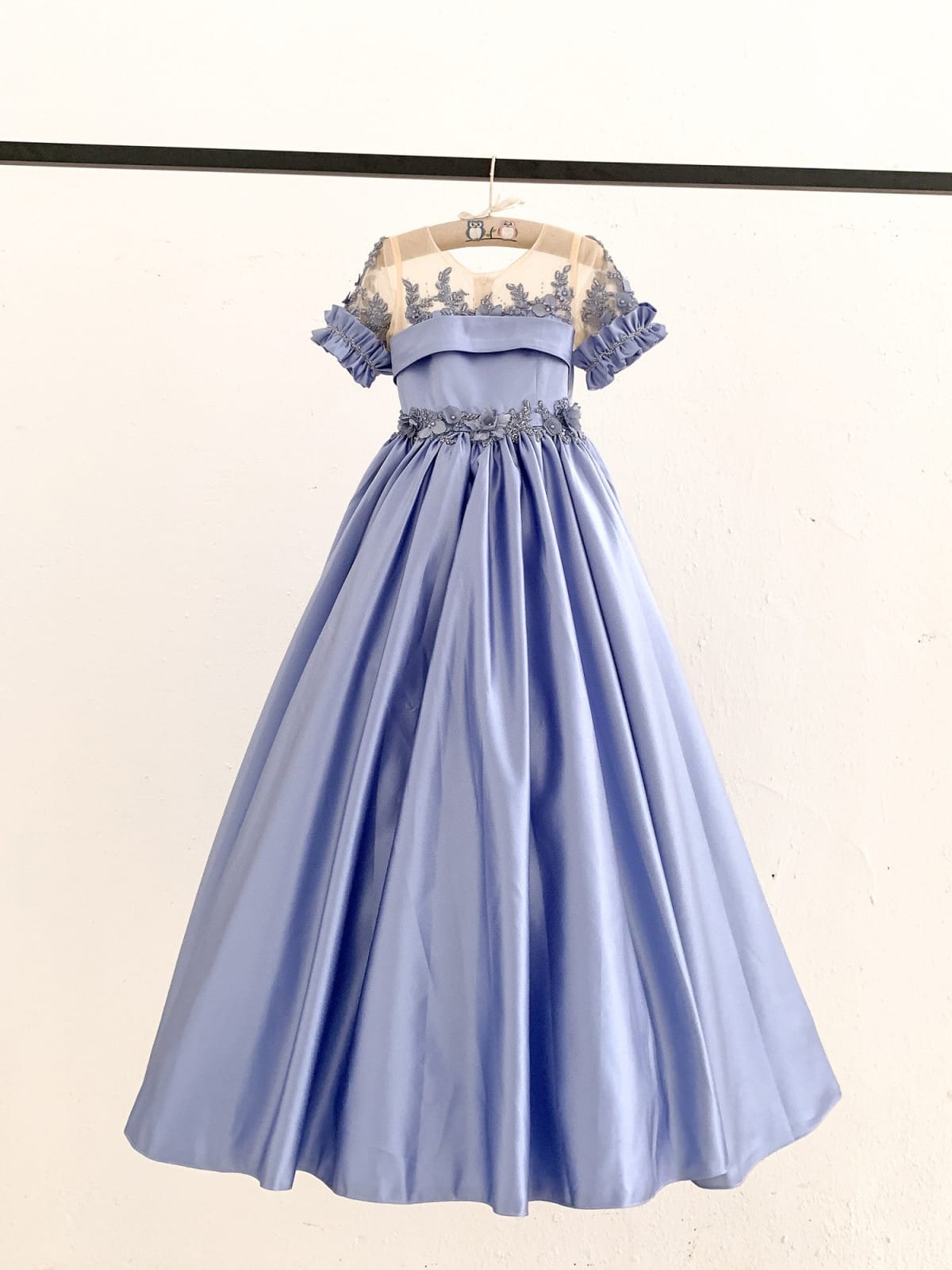 Short Sleeves Sheer Neck Light Blue Satin Flower Girl Dress, Lace 8T
