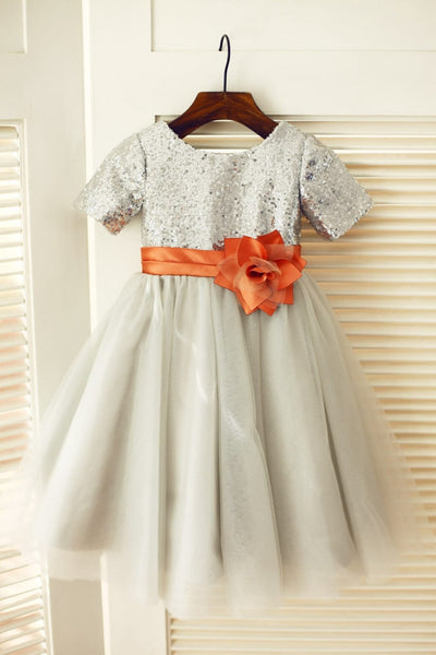 Short Sleeves Silver Sequin Gray Tulle Wedding Flower Girl 