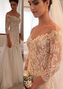 Off Shoulder 3/4 Sleeve Sweep Train Lace Tulle Wedding Dress