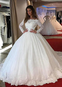 Off Shoulder Ball Gown Chapel Lace Bridal Wedding Dress, Pleats
