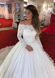 Off Shoulder Ball Gown Chapel Lace Bridal Wedding Dress 