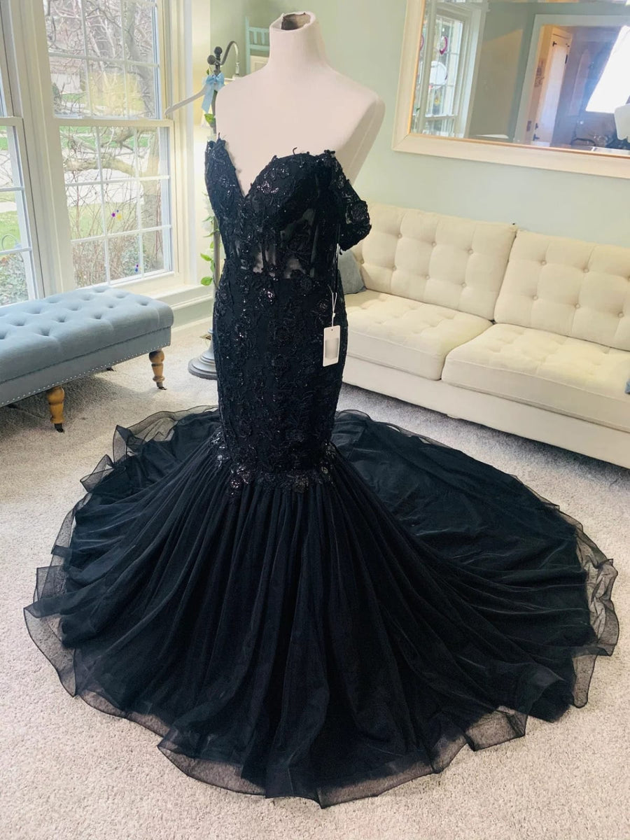 Off Shoulder Corset Black Lace Tulle Court Mermaid Wedding Dress ...